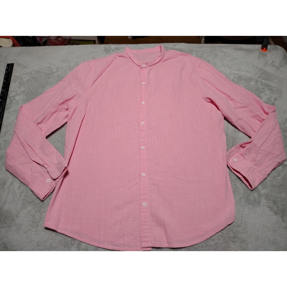 Flax Blend Shirt Men XL Pink Mock Collar Earthy Long Sleeve Classic Summer